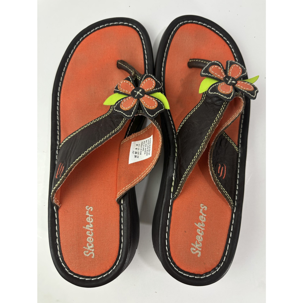 Skechers Y2K Style Flower Flip Flop Sandals Leather Size 9 Hippie Boho Festival - Picture 11 of 14